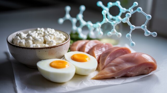 The concept of science and nutrition is a close–up of protein-rich foods (cottage cheese, eggs, or lean meat), with glowing molecular protein icons in the background. - Powered by Adobe