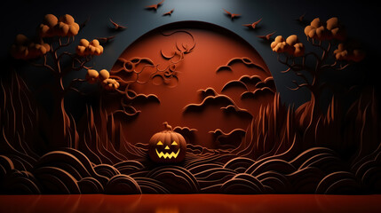 Stylized red-and-black Halloween artwork featuring a carved pumpkin, abstract cloud layers, bare trees, and birds silhouetted against a haunting sky