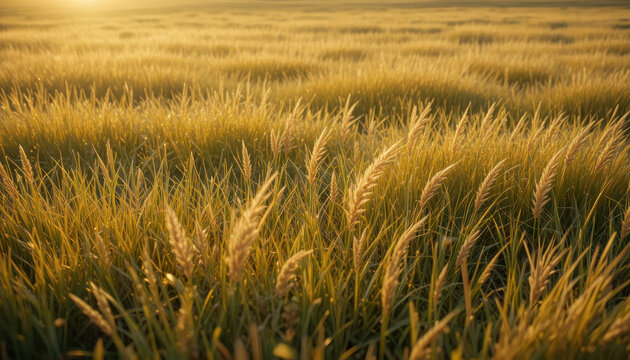 A field of tall grass illuminated by the golden sunlight - Powered by Adobe