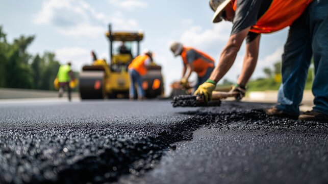 In a road construction site, several workers carefully apply fresh asphalt as they repair the highway. The workers ensure the highway is built to enhance safety and improve driving