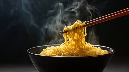 Steaming bowl of tasty ramen noodles with chopsticks offers comfort and warmth, perfect for food blogs, recipe sites, or culinary promotions