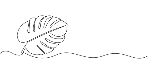 Monstera leaf continuous one line drawing and leaf icon isolated flat vector illustration, One continuous line drawing monstera leaf vector illustration. Tropical leaf monoline design, minimalist line