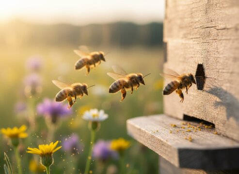 Bees Returning to Hive: Pollen-Laden Workers on a Golden Afternoon Amidst Wildflowers and Natural Light - Powered by Adobe