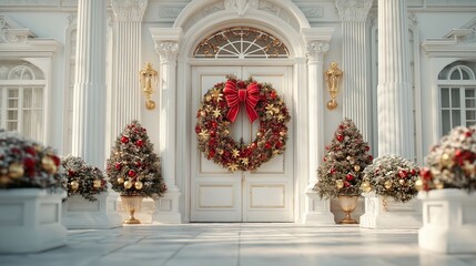 Beautiful front door with christmas wreath in a snowing day