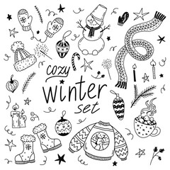doodle set cozy winter items and holiday elements, warm sweater, mittens, scarf, boots, hat, stars, cup with marshmallows, fir branches, lit candles, Christmas ornaments isolated on white background