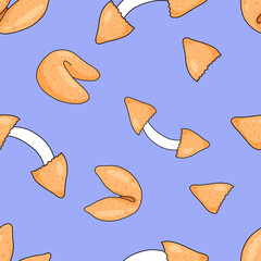 Seamless vector pattern fortune cookies arranged on soft blue background. ideal for packaging, stationery, wrapping paper, textile prints, themed branding projects