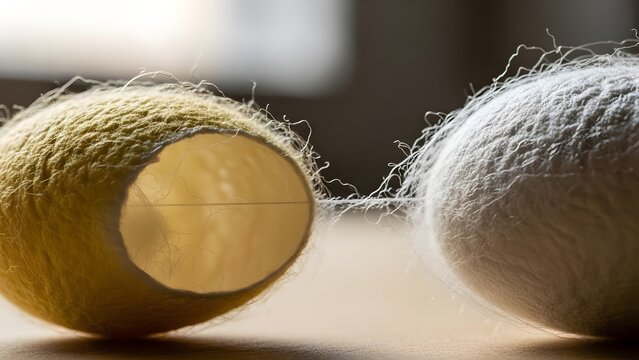 Two silkworm cocoons natural silk fiber production close up shot displaying the texture of the material and the intricate details of the silk filaments showcasing the beginning of a luxurious textile