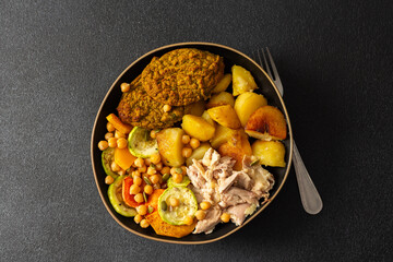 This balanced breakfast showcases baked sweet potato with carrots and zucchini, flavorful carrot and lentil cutlets, chicken breast