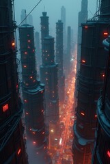 Futuristic cityscape with towering structures and glowing lights illuminating the foggy streets