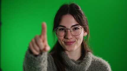 A young woman stands in front of a bright green backdrop, raising her finger in a gesture of encouragement. This uplifting gesture by the woman conveys a message of positivity and