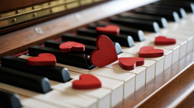 Red wooden hearts on the piano keyboard. A photo with a place for the text.