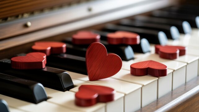 Red wooden hearts on the piano keyboard. A photo with a place for the text.