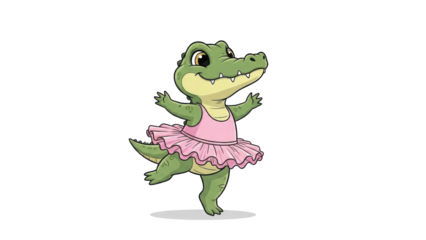 Cute cartoon alligator dancing ballet in pink tutu isolated PNG with Transparent Background