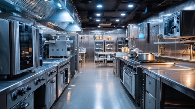 Modern stainless steel commercial kitchen. AI image