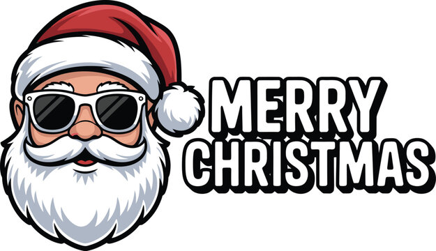 Cool santa claus wearing sunglasses with merry christmas text.