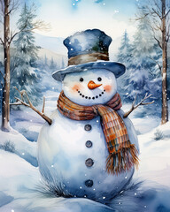 Snowman wearing scarf and hat in winter landscape