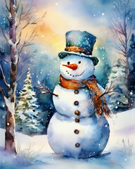 Snowman standing in watercolor winter forest wonderland