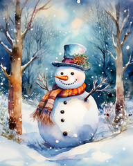 Snowman wearing scarf and top hat in winter forest