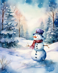 Snowman wearing hat and scarf in winter forest