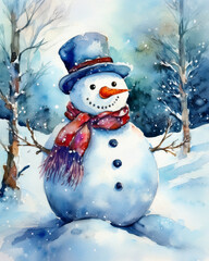 Snowman wearing blue hat and red scarf in winter watercolor