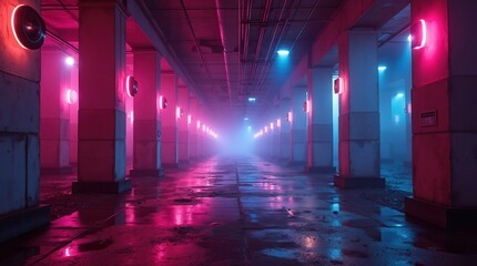 Neon Drenched Underground Parking Garage with Cyberpunk Vibes