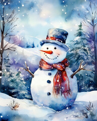 Snowman in winter watercolor scene celebrating christmas holiday