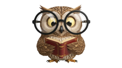 Smart owl reading a book with round glasses isolated PNG with Transparent Background
