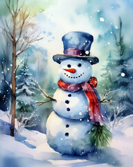 Snowman wearing hat and scarf in winter landscape