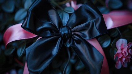 Video A pink ribbon with a black bow tied to it, suitable for various occasions and themes