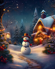 Snowman standing on path in festive winter village