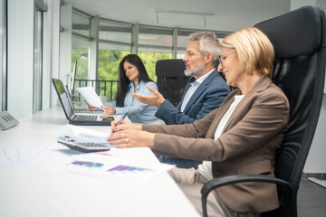 Fototapeta premium Group of business people working with technology at a meeting in a conference room
