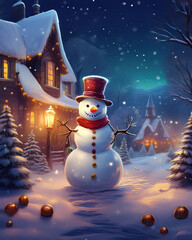 Happy snowman standing in festive winter village at night