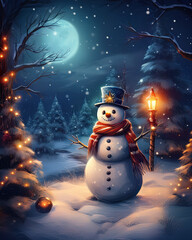 Snowman standing in winter forest at christmas night