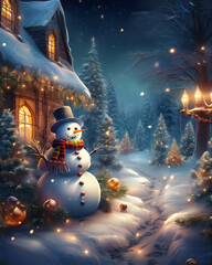 Snowman celebrating christmas in cozy winter landscape at night