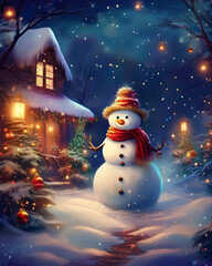 Snowman standing in winter wonderland with christmas lights