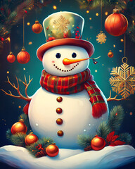 Snowman celebrating christmas with festive winter decorations