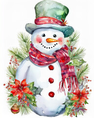 Snowman watercolor painting with christmas holiday decorations