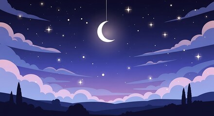 A magical night sky with a glowing crescent moon, twinkling stars, and colorful clouds over a dark landscape.
