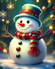 Snowman celebrating winter holidays with christmas decorations and snow