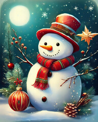 Snowman wearing red hat and scarf in winter night