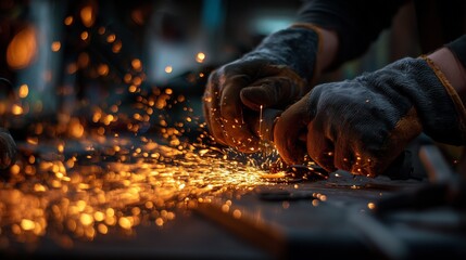 A skilled laborer operates a grinder at a workbench, sending sparks flying in every direction. The laborer’s focused movements showcase the art of metalworking and craftsmanship.