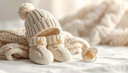 Baby with pacifier lying on knitted blanket wearing beige hat and booties beside plush teddy bear.