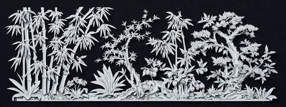 Delicate Paper Cut Artwork Featuring Plum Blossom, Bamboo, Orchid, and Kumquat Tree in Intricate Design