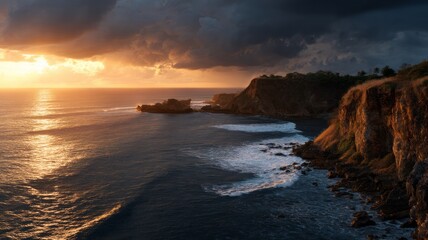 Dramatic coastal sunset over rocky shoreline. AI image