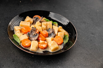 Potato stew mushrooms and vegetables natural tasty snack fresh delicious gourmet food background on the table rustic top view copy space keto and paleo diet vegerian and vegan food