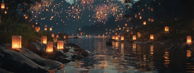 Fototapeta premium Tranquil Night Scene with Glowing Lanterns Reflecting on Water Surrounded by Nature and Distant Fireworks