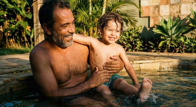 A grandfather and his grandson happy by the pool during the summer - Um av&ocirc; e seu neto brasileiro felizes &agrave; beira da piscina durante o ver&atilde;o