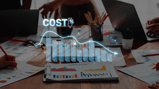 A dynamic business team collaborates on financial analysis using charts and graphs, focusing on cost reduction strategies and effective project planning in a modern office setting. Raster
