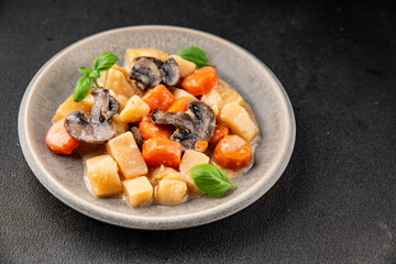 Potato stew mushrooms and vegetables natural tasty snack fresh delicious gourmet food background on the table rustic top view copy space keto and paleo diet vegerian and vegan food