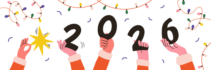 Christmas greeting banner with hands holding stuff. New Year vector illustration for poster, greeting card and celebration.